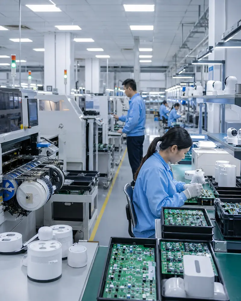 Advanced electronics manufacturing line for smart home devices with SMT process assembly stations and testing area
