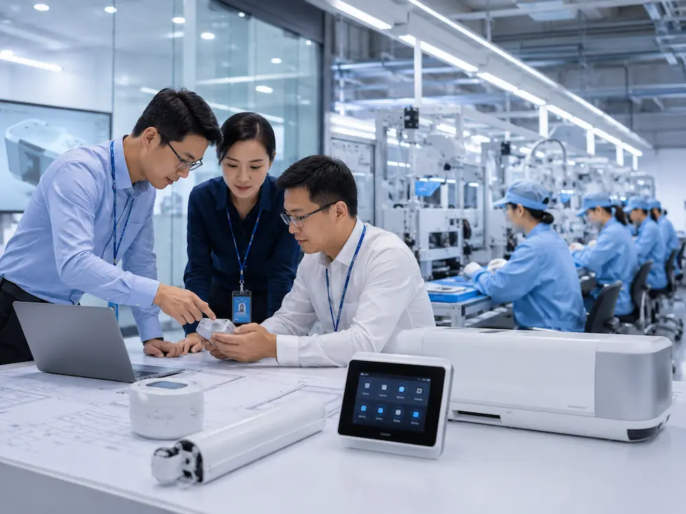 Engineering team reviewing smart home products with production line and finished devices in a modern manufacturing environment