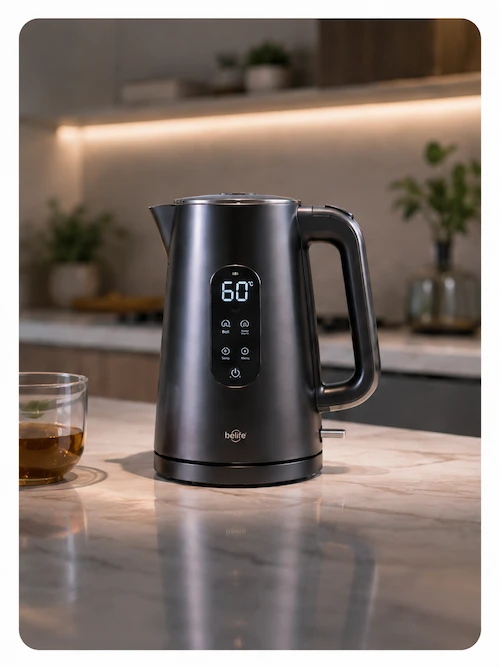 Modern smart home appliance connected kettle in a clean kitchen interior with digital temperature control