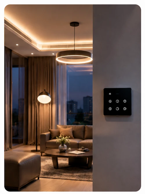 Smart lighting control system in a stylish modern living room with warm ambient lighting and wall-mounted control panel