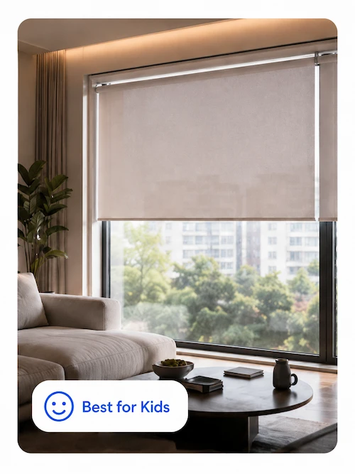 Smart tubular motor window shading system installed in a modern living room with child-safe motorized blind design